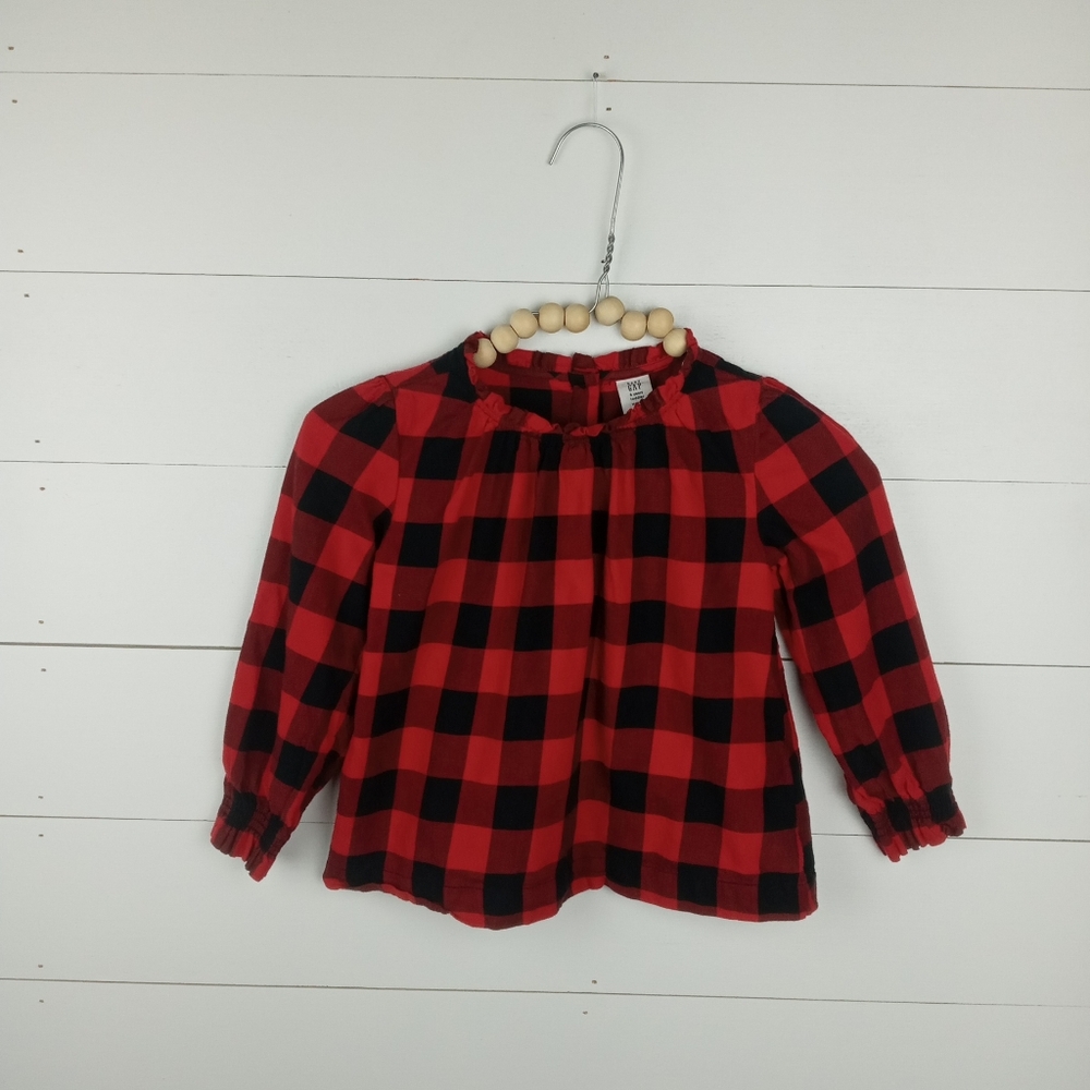 Baby Gap girls size 5T buffalo check smock sleeve ruffle blouse red and black